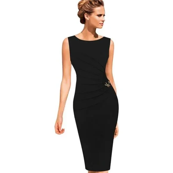 Elegant Ruched Office Cocktail Party Bodycon Pencil Dress Slim Fit - Picture 2 of 6